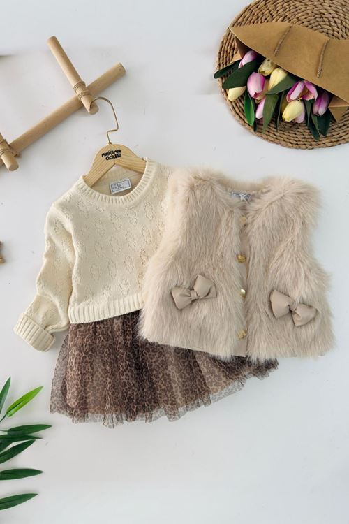 Miniğimin Cicileri Kürklü Fiyonk Detaylı Leopar Tüllü Premium Kız Çocuk Elbise Takım - Bej