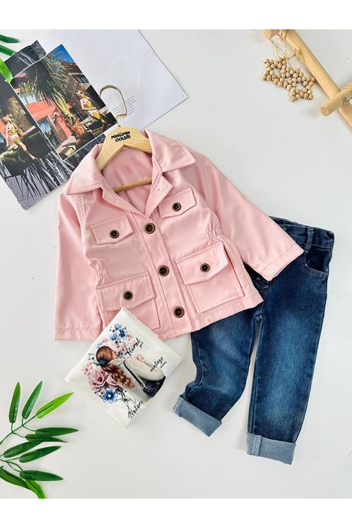 Miniğimin Cicileri Düğmeli Cep Detaylı Astarlı Trençkotlu Kız Çocuk 3 lü Takım - Pudra
