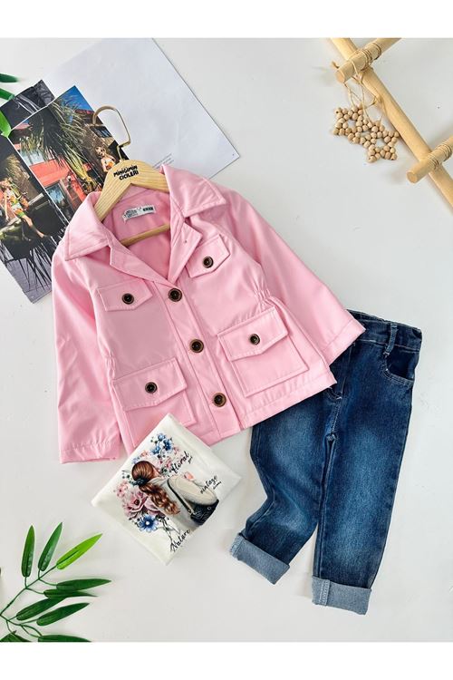 Miniğimin Cicileri Düğmeli Cep Detaylı Astarlı Trençkotlu Kız Çocuk 3 lü Takım - Şeker Pembe