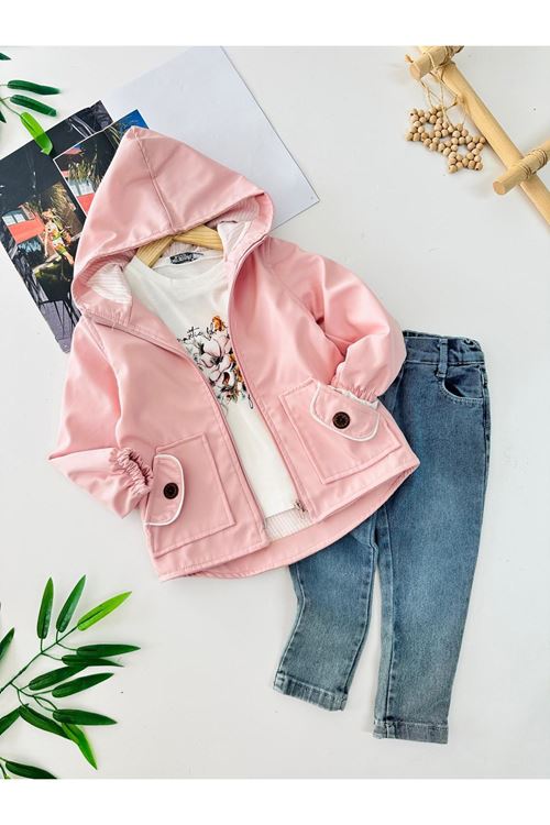 Miniğimin Cicileri Fermuarlı Cep Detaylı Renkli Astarlı Trençkotlu Kız Çocuk 3 lü Takım - Pembe