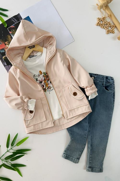 Miniğimin Cicileri Fermuarlı Cep Detaylı Renkli Astarlı Trençkotlu Kız Çocuk 3 lü Takım - Bej