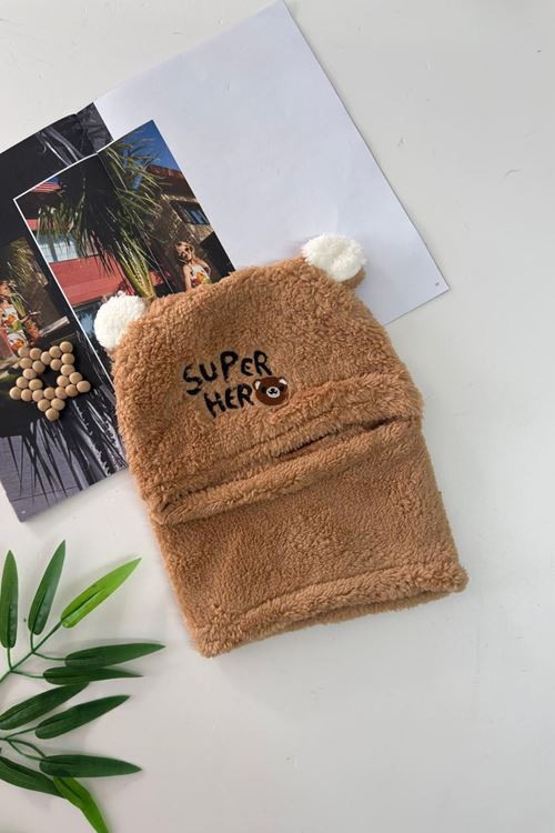 Miniğimin Cicileri Süper Hero Kulaklı Peluş Yüz Koruyucu Erkek Çocuk Boyunluk - Kahverengi
