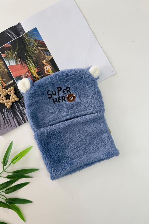 Miniğimin Cicileri Süper Hero Kulaklı Peluş Yüz Koruyucu Erkek Çocuk Boyunluk - Mavi