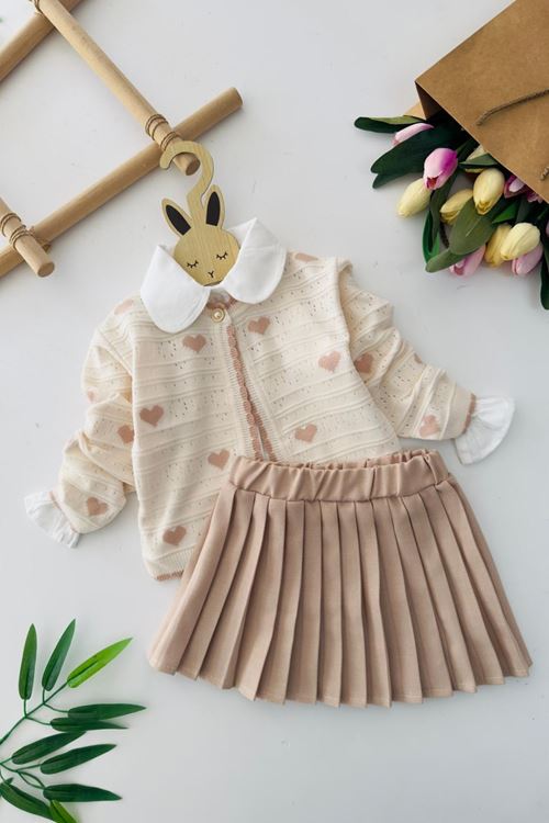 Miniğimin Cicileri Kalp Desenli Triko Hırkalı Pileli Etekli 3 lü Kız Takımı - Krem