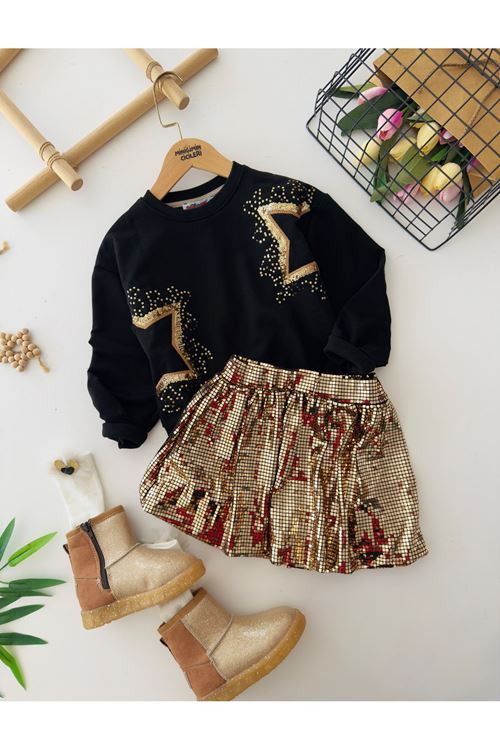 Miniğimin Cicileri Yıldızlı Gold Balon Etek Kız Çocuk 2 li Takım - Altın