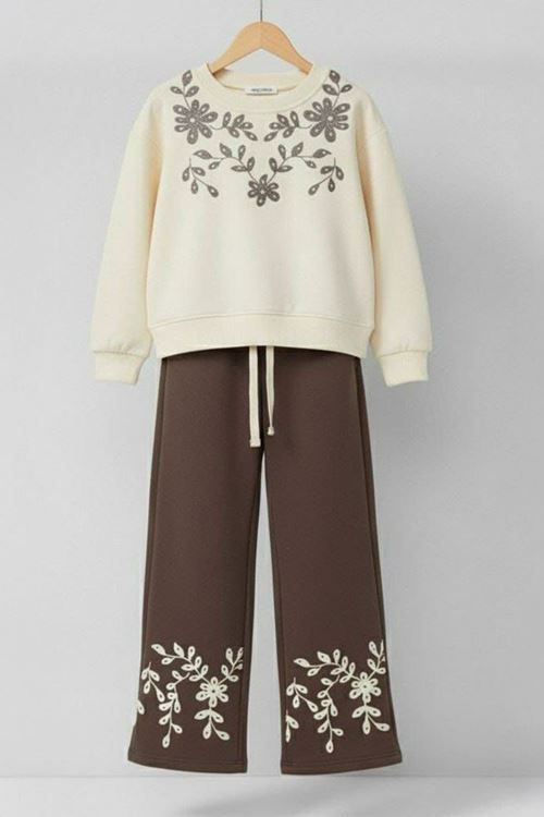 Miniğimin Cicileri Çiçek Simli Kabartma Baskılı  Sweat & Geniş Paça Kız Çocuk Takım - Kahve