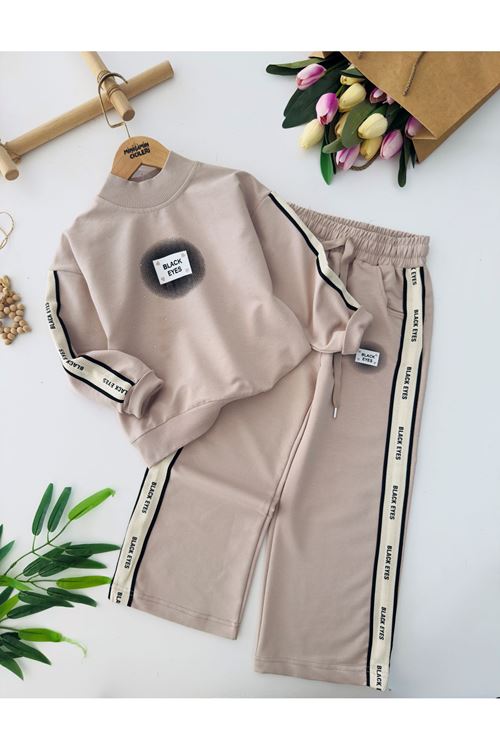 Miniğimin Cicileri Black Eyes Baskılı Taşlı Kız Çocuk 2 li Takım - Bej