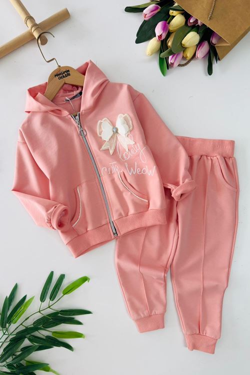 Miniğimin Cicileri Lovely Fiyonk Detaylı Kapüşonlu Kız Çocuk Takım - Somon