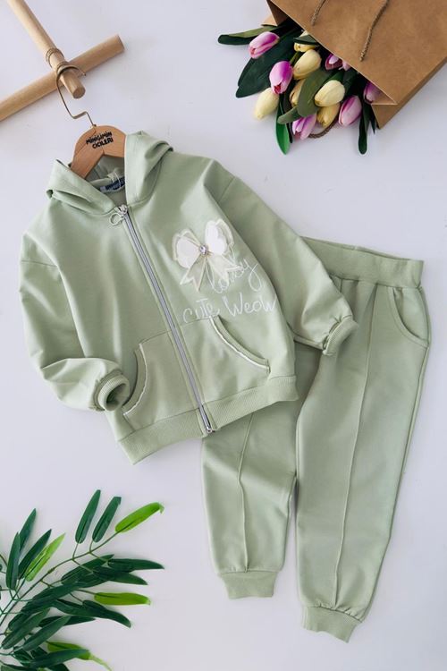 Miniğimin Cicileri Lovely Fiyonk Detaylı Kapüşonlu Kız Çocuk Takım - Yeşil