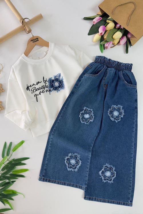 Miniğimin Cicileri Papatya Yama Detaylı Kız Çocuk Bol Pantolonlu Takım - Mavi