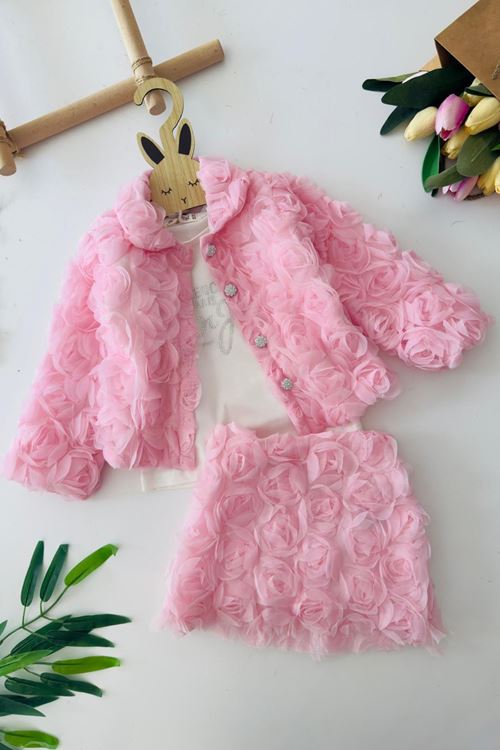 Miniğimin Cicileri Gül Detaylı 3 lü Kız Çocuk Takım - Pembe