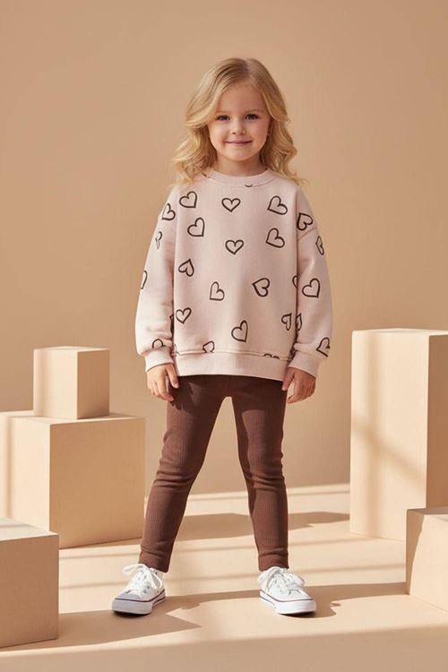 Miniğimin Cicileri Kalp Baskı Detaylı Kız Çocuk Taytlı 2 li Takım - Kahverengi