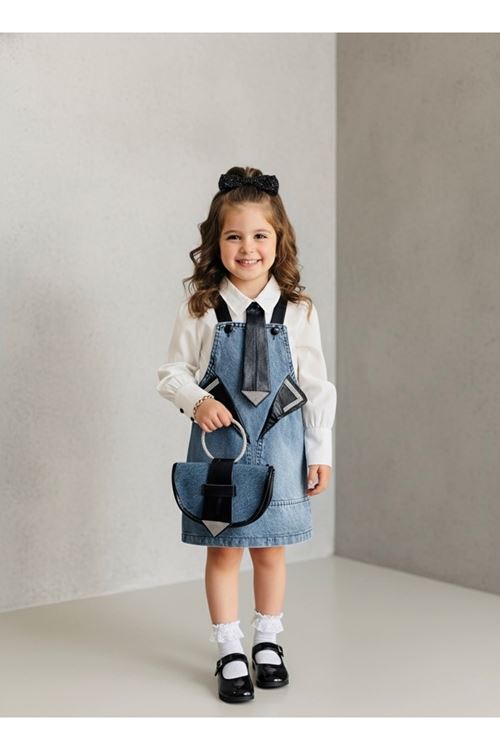 Miniğimin Cicileri Kravat Çanta Aksesuarlı Kız Çocuk Kotlu Jile Takım - Mavi