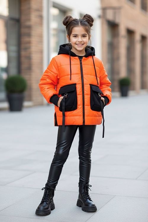 Minigimin Cicileri Arkası Karakterli Neon Baskılı Mont - Turuncu