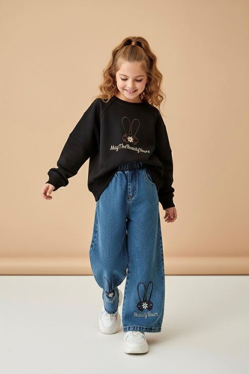 Miniğimin Cicileri May The İşleme Detaylı Kız Çocuk 2 li Takım - Siyah
