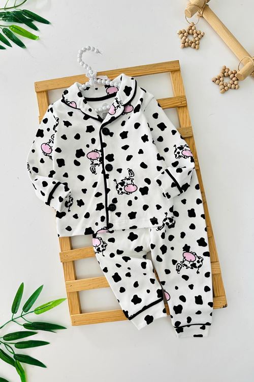 Miniğimin Cicileri İnek Baskılı Penye Unisex Bebe Pijama Takımı - Siyah
