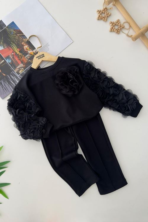 Miniğimin Cicileri Kolları Gül Detaylı  Kız Çocuk Çimalı 2 li Takım - Siyah