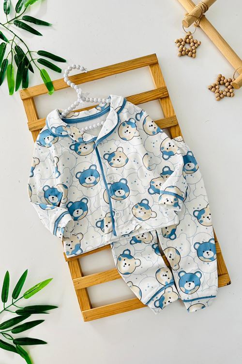 Miniğimin Cicileri Ayıcık Baskılı Penye Erkek Bebe Pijama Takımı - Mavi