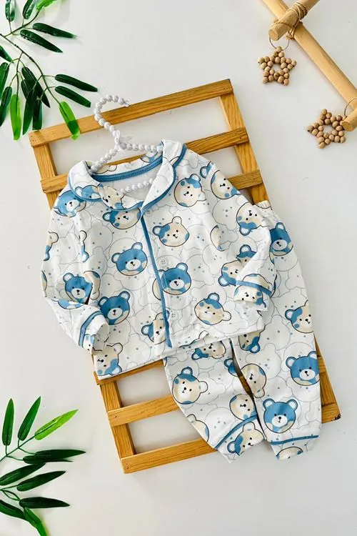 Miniğimin Cicileri Ayıcık Baskılı Penye Erkek Bebe Pijama Takımı - Mavi