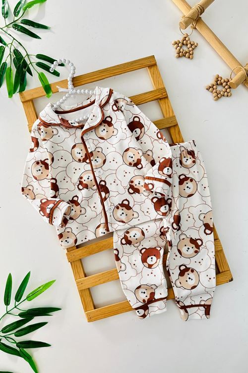 Miniğimin Cicileri Ayıcık Baskılı Penye Erkek Bebe Pijama Takımı - Kahve