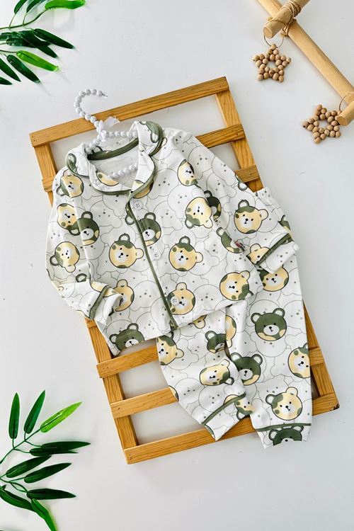 Miniğimin Cicileri Ayıcık Baskılı Penye Erkek Bebe Pijama Takımı - Yeşil