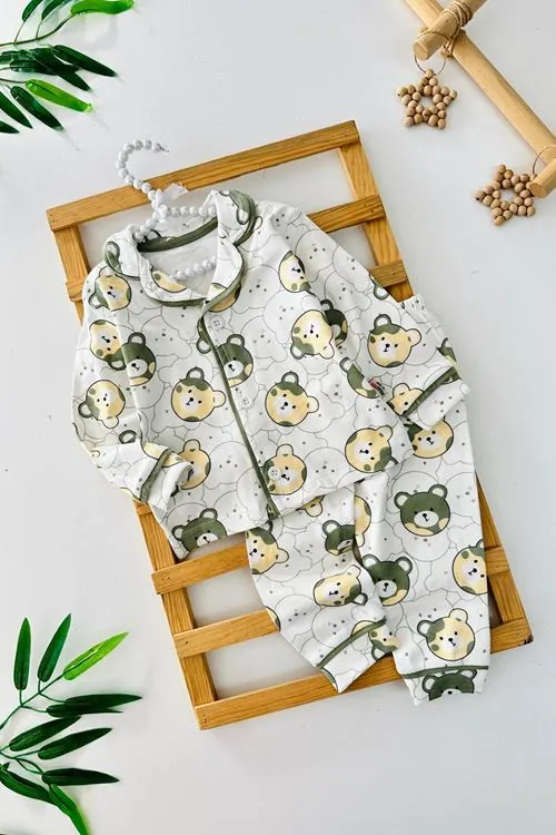 Miniğimin Cicileri Ayıcık Baskılı Penye Erkek Bebe Pijama Takımı - Yeşil