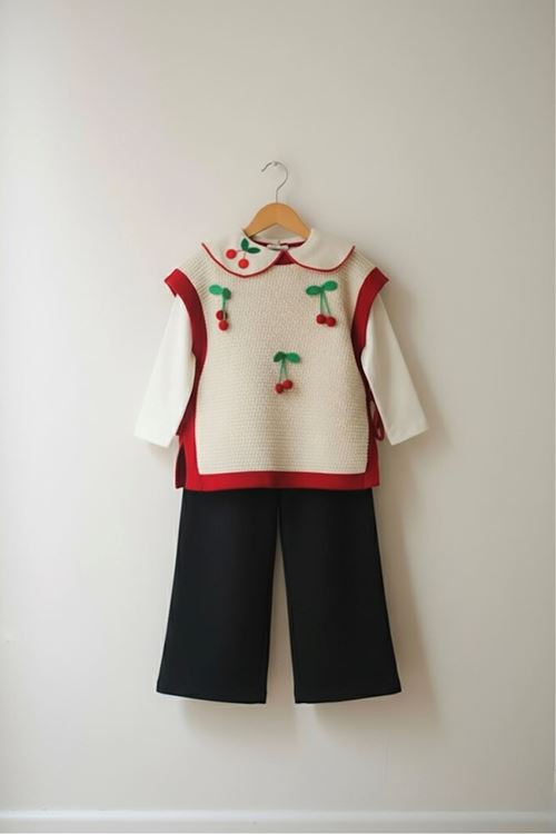 Miniğimin Cicileri Kiraz Desenli Triko 3 lü Kız Çocuk Takım - Kırmızı