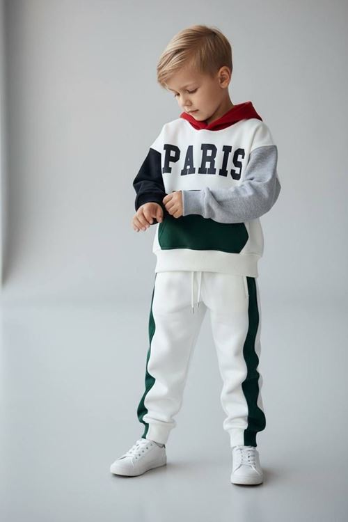 Miniğimin Cicileri Paris Baskılı Kapüşonlu Kışlık Erkek Çocuk Takım - Ekru