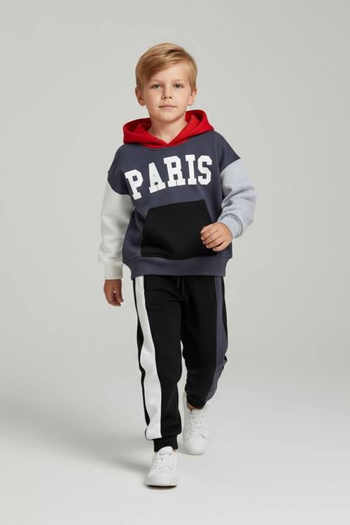 Miniğimin Cicileri Paris Baskılı Kapüşonlu Kışlık Erkek Çocuk Takım - Lacivert