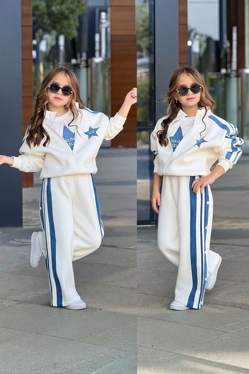 Miniğimin Cicileri Yıldız Desenli Fermuarlı Şeritli Kışlık 3 lü Kız Çocuk Takım - Ekru