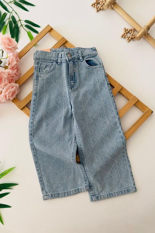 Miniğimin Cicileri Kare Taş Detaylı Kız Çocuk Yumuşak Kot Pantolon - Mavi