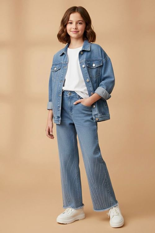 Miniğimin Cicileri Çizgi Taş Detaylı Kız Çocuk Yumuşak Kot Pantolon - Mavi