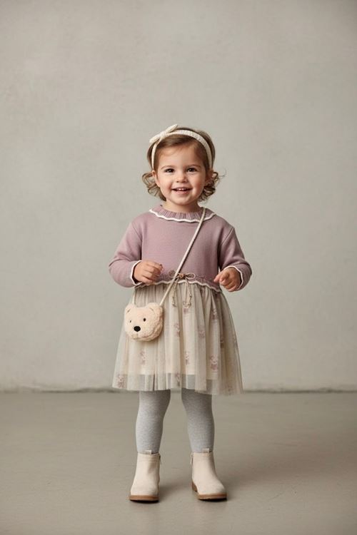 Miniğimin Cicileri Organik Ayıcık Çantalı Tül Etekli Kız Bebe 3 lü Takım - Mor