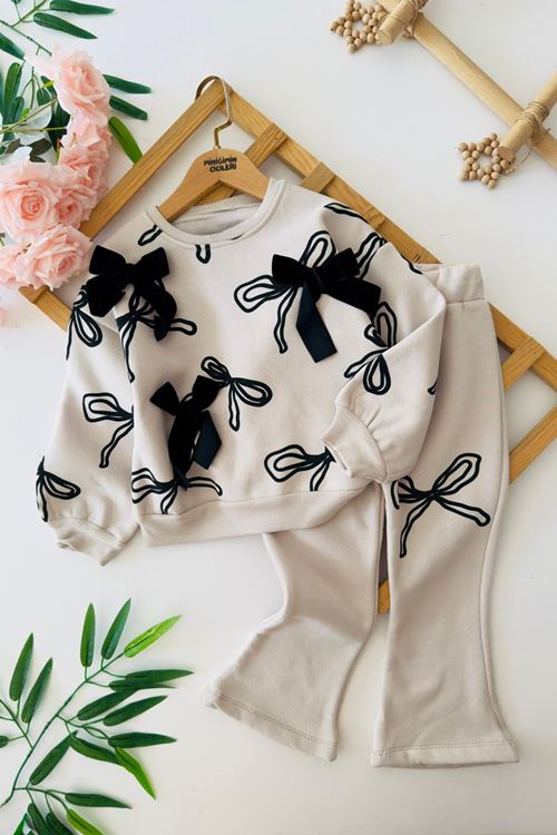 Miniğimin Cicileri Fiyonk Kadife Detaylı Kışlık Kız Çocuk 2 Li Takım - Krem