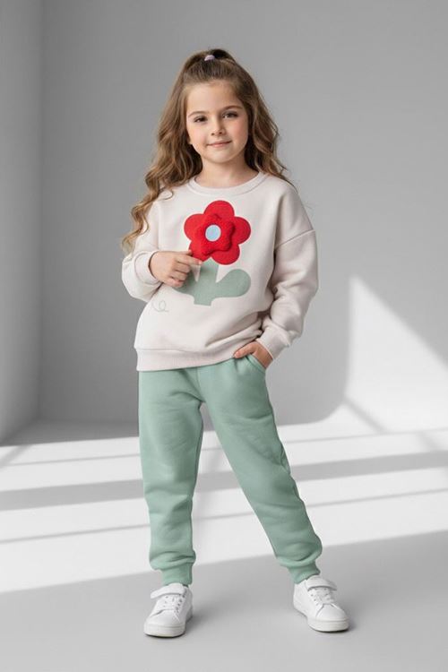 Miniğimin Cicileri Dokulu Papatya Desenli Kız Çocuk Kışlık Takım - Yeşil