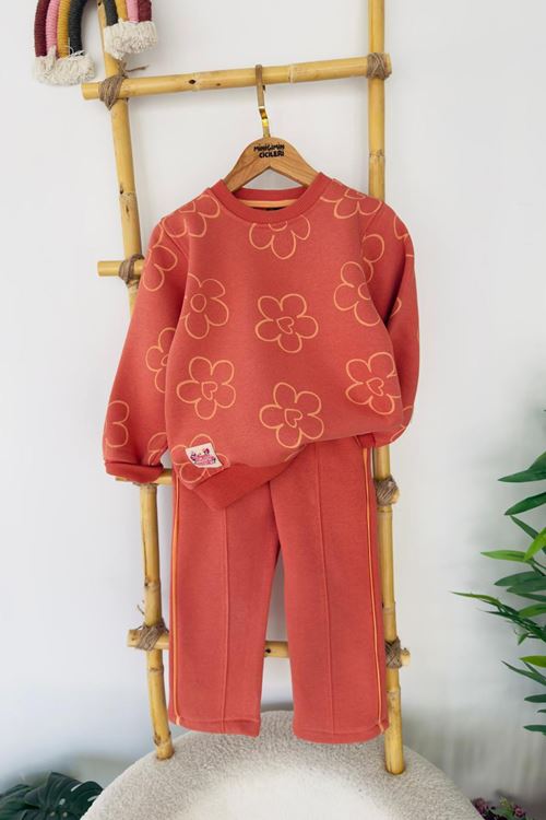 Miniğimin Cicileri Papatya Baskılı Çimalı Kız Çocuk Kışlık Takım - Kiremit