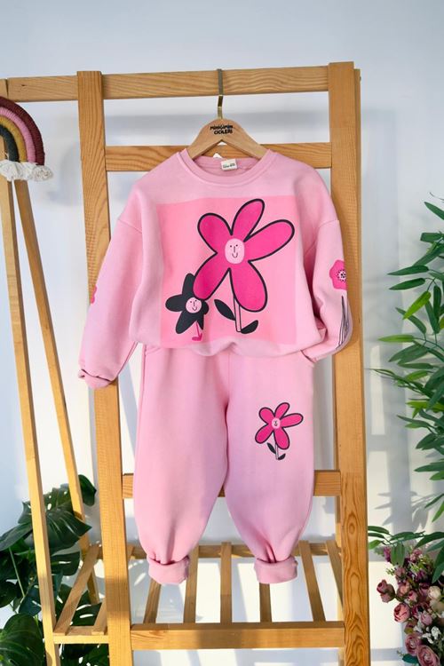 Miniğimin Cicileri Papatya Baskı Ön Ve Arka Detaylı Kız Çocuk Kışlık Takım - Pembe