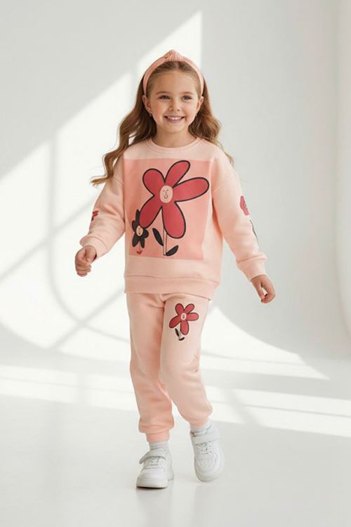 Miniğimin Cicileri Papatya Baskı Ön Ve Arka Detaylı Kız Çocuk Kışlık Takım - Somon