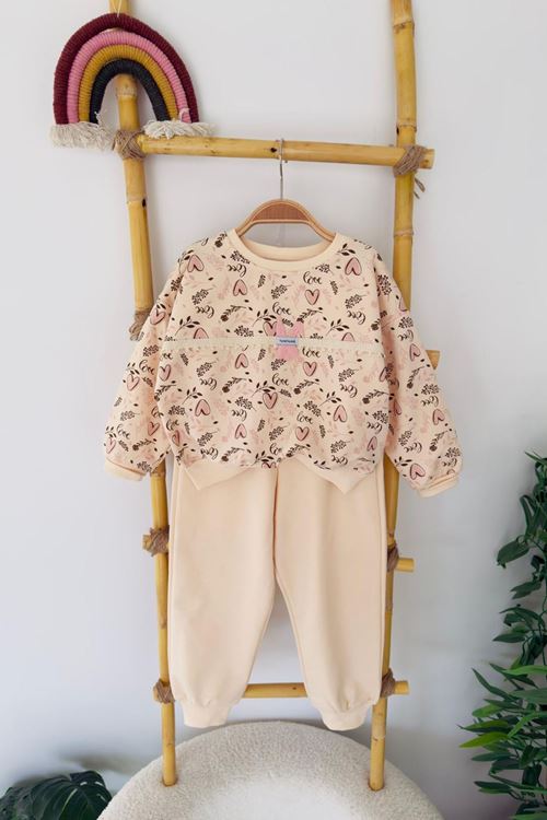 Miniğimin Cicileri Kalp Baskılı Tavşancık Detaylı Kız Çocuk 2 li Takım - Krem