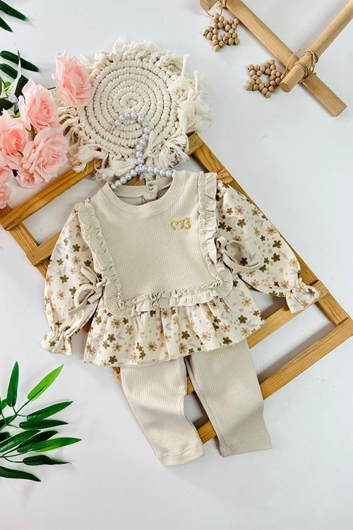 Miniğimin Cicileri Kalp İşleme Bağcık Detaylı Kız Bebe 2 li Takım - Krem