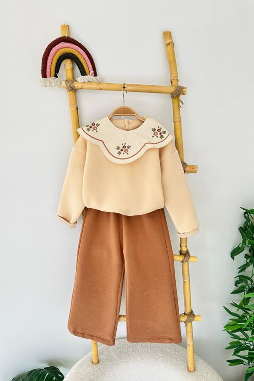 Miniğimin Cicileri İşleme Yaka Asimetrik Detaylı Kız Çocuk Kışlık Takım - Kahve