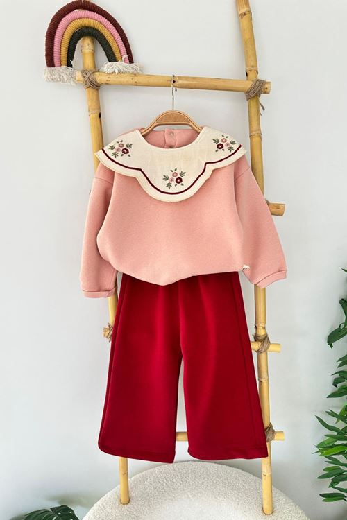 Miniğimin Cicileri İşleme Yaka Asimetrik Detaylı Kız Çocuk Kışlık Takım - Vişne
