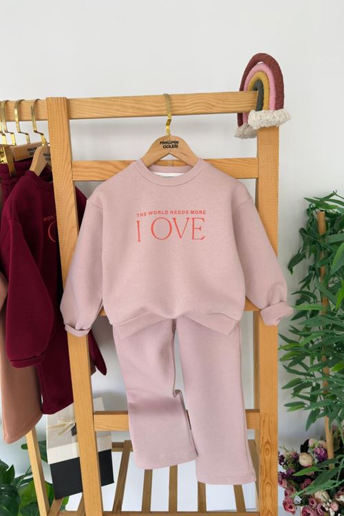 Miniğimin Cicileri Love Çiçek Baskılı Kız Çocuk Kışlık Takım - Pudra