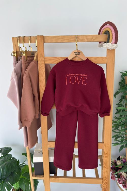 Miniğimin Cicileri Love Çiçek Baskılı Kız Çocuk Kışlık Takım - Vişne Çürüğü