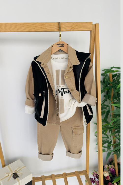 Miniğimin Cicileri Kapitone Yelekli Kargo Cepli 4 Parça Erkek Çocuk Takım - Siyah