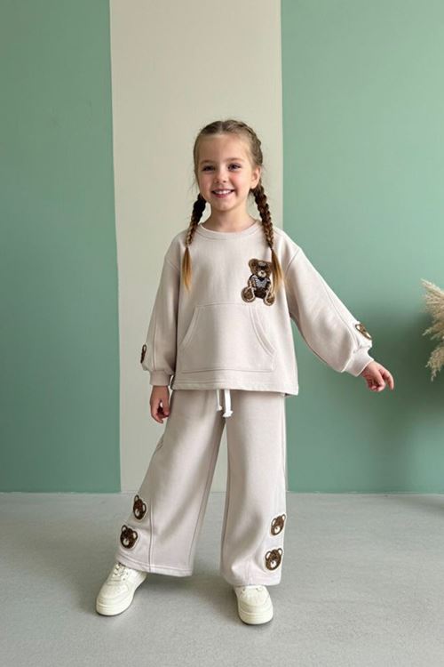 Miniğimin Cicileri Ayıcık Panç Detaylı Kız Çocuk Takım - Bej