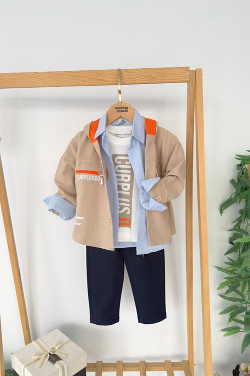 Miniğimin Cicileri Curplus Baskı  Ceketli Tişört ve Kot Pantolonlu Erkek Çocuk 4 lü Takım - Bej