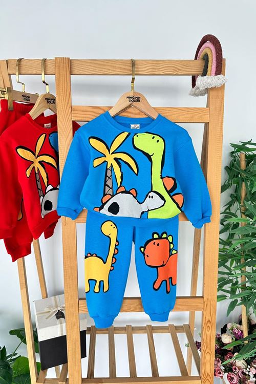 Miniğimin Cicileri Dino Baskılı Renkli Erkek Çocuk 2 li Kışlık Takım - Mavi