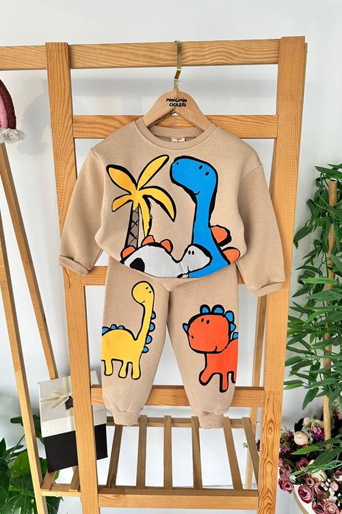 Miniğimin Cicileri Dino Baskılı Renkli Erkek Çocuk 2 li Kışlık Takım - Kahverengi