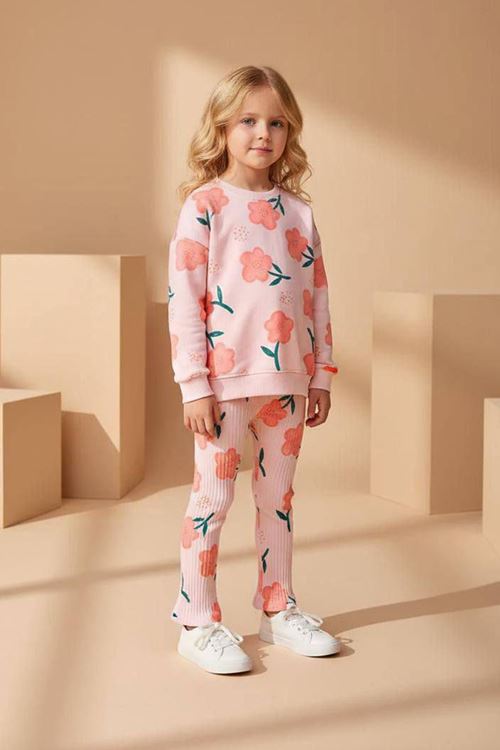 Miniğimin Cicileri Papatya Baskılı Taytlı Kız Çocuk Takım - Somon